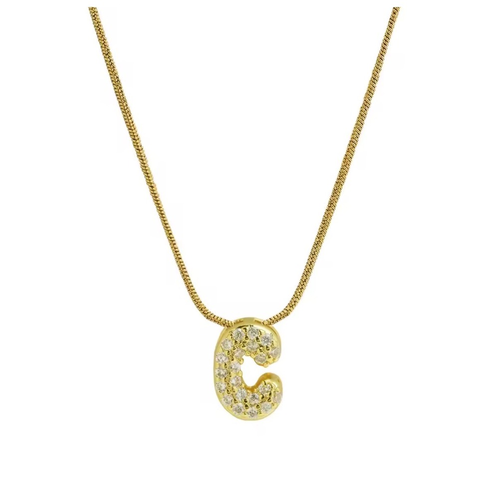 18k Gold Played Initial C Necklace Bubble Letter Pendant Cubic Zirconia‎